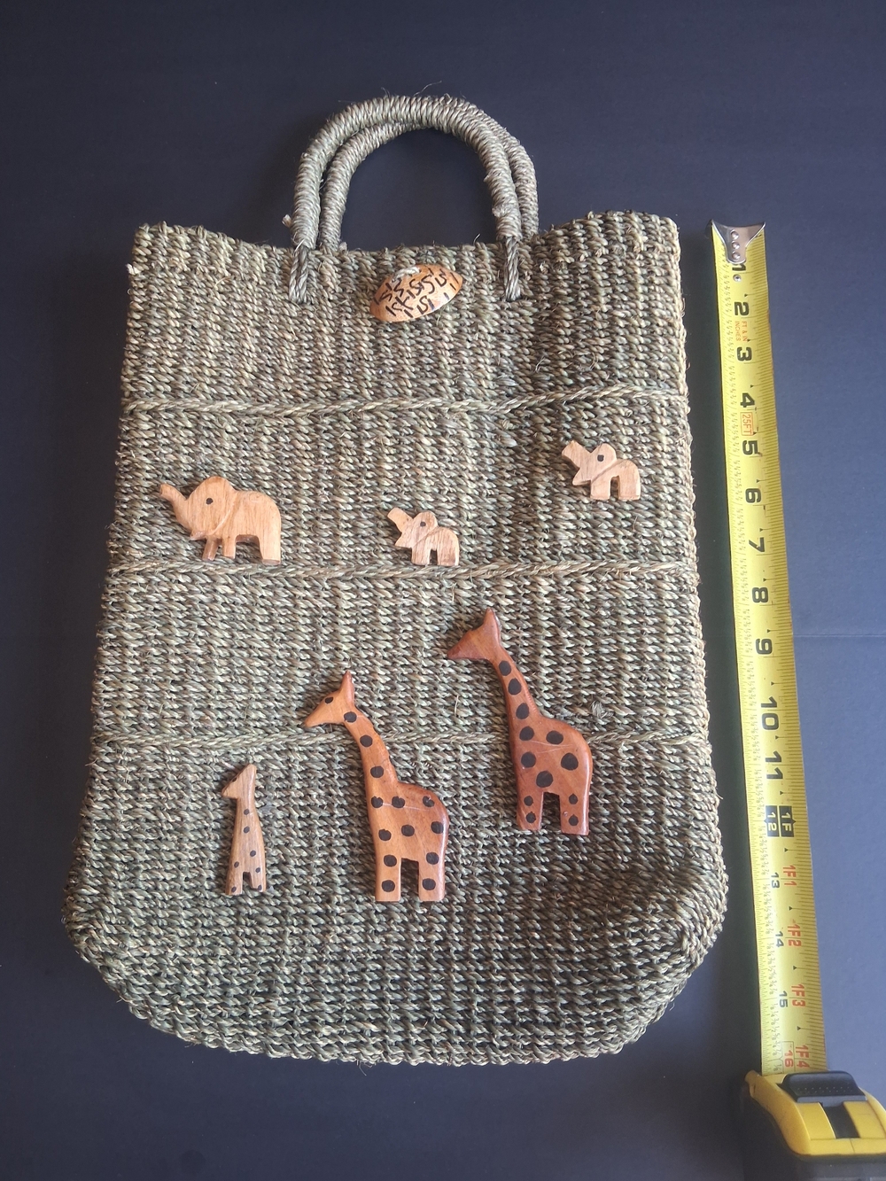 Woven Straw Tote Bag with Wooden Animal Accents - Olive Green - Picture 5 of 7